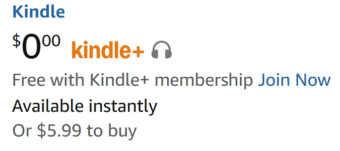  Kindle+ badge with a headphone symbol indicating audiobook listening is included in the subscription.
