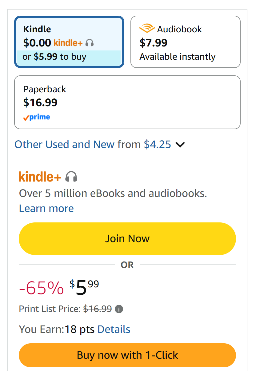 Amazon eBook listing showing Kindle+ reading and listening access without a visible Virtual Voice disclosure.