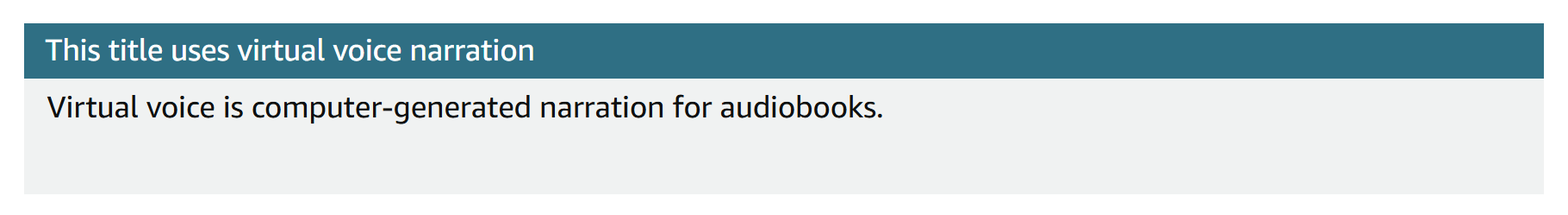 Amazon audiobook listing identifying the narration as Virtual Voice.