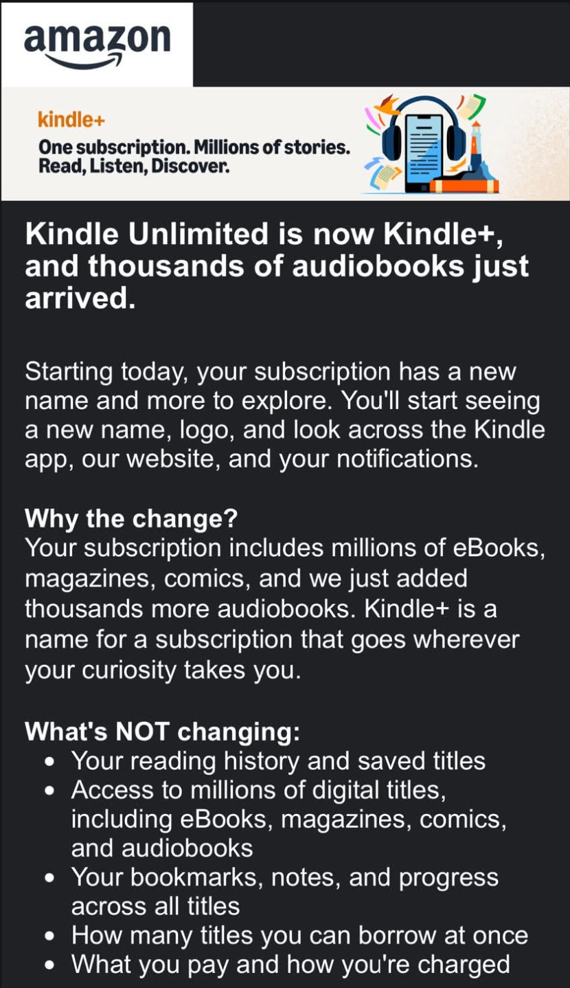 Letter from Amazon to Kindle Unlimited subscribers announcing change to Kindle+