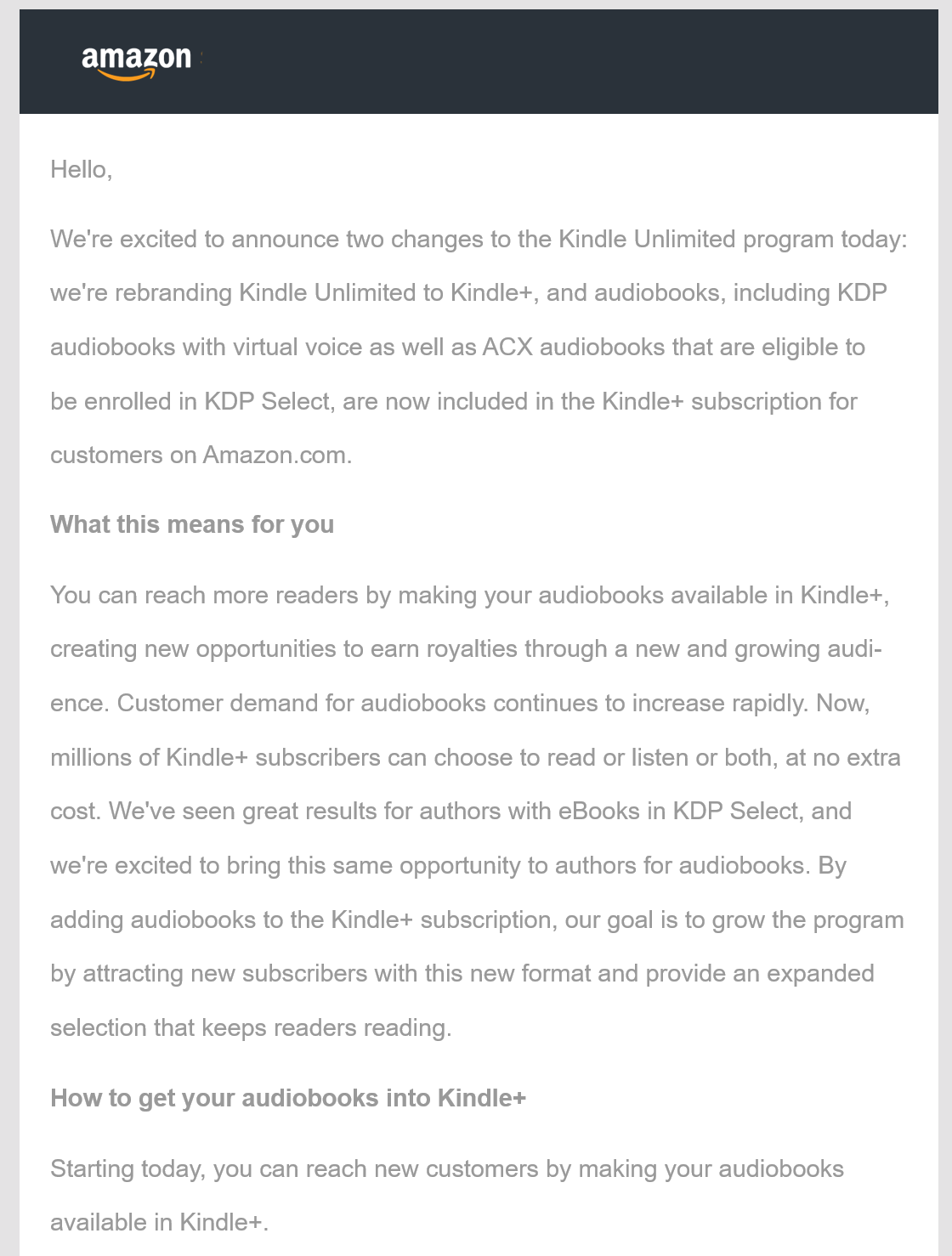 Letter from Amazon announcing Kindle+ to authors.