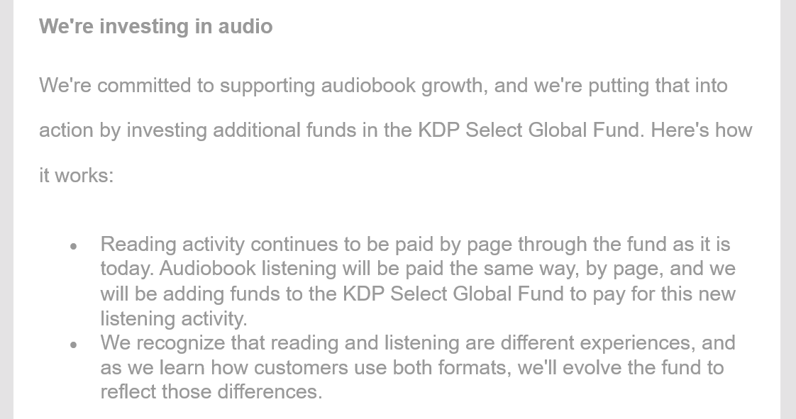 Part of the letter sent to KDP Authors highlighting Amazon's investment in audio.