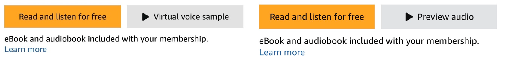 Kindle audio preview buttons for human and AI narrated audiobooks.