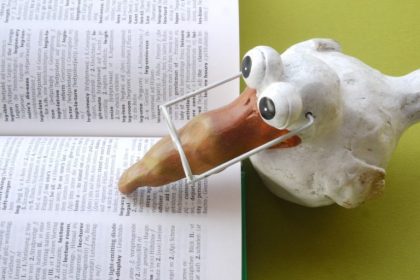 Hand-made bird figure looking at an open book